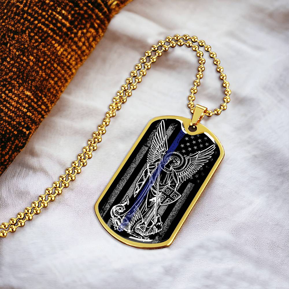 Police Officer Thin Blue Line With Archangel Michael - Military Style Dogtag - Army Tag Necklace, Dog Tag Necklace