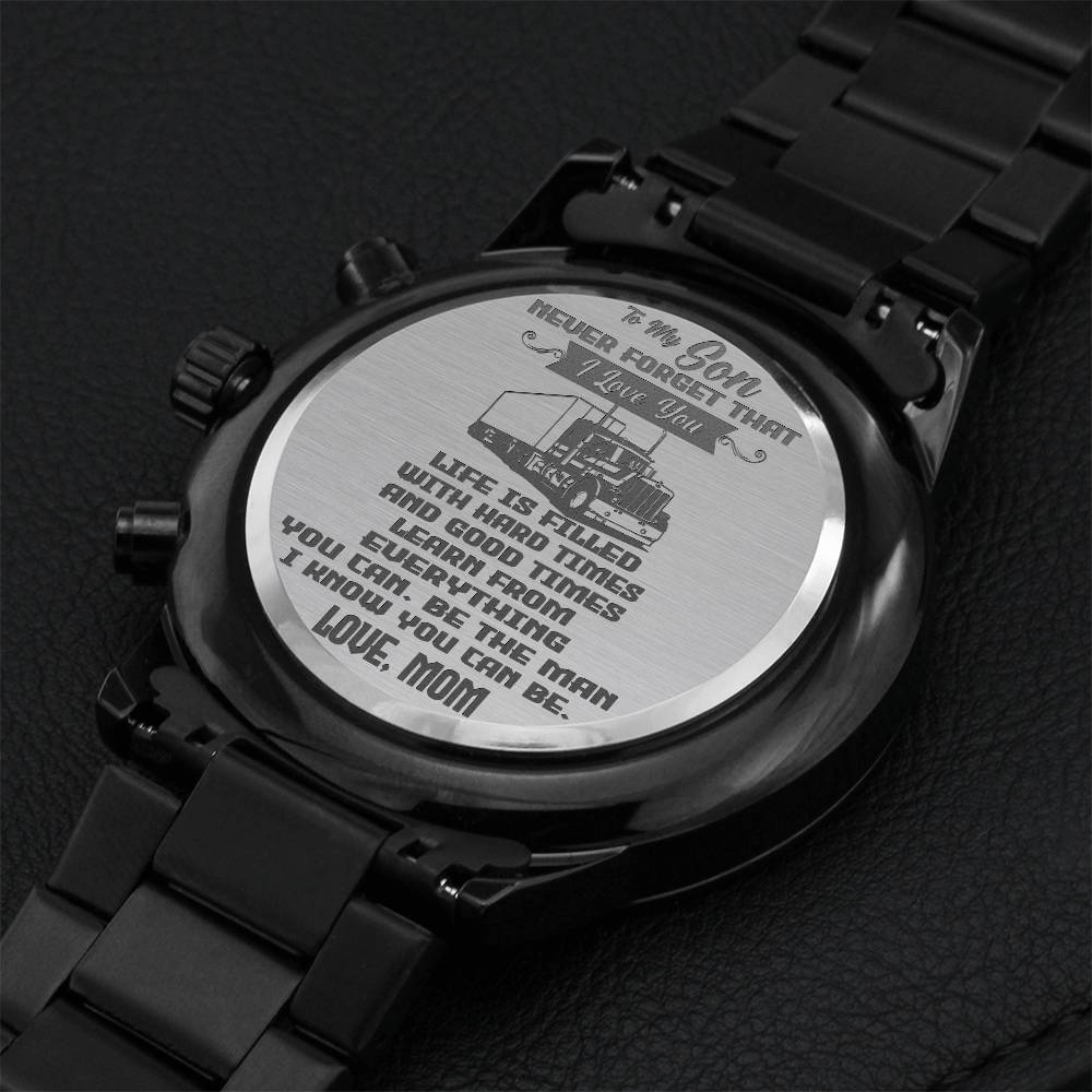 Never Forget I Love You Engraved Customized Black Chronograph Watch Mom Gift For Son Engraving Chronograph Watch