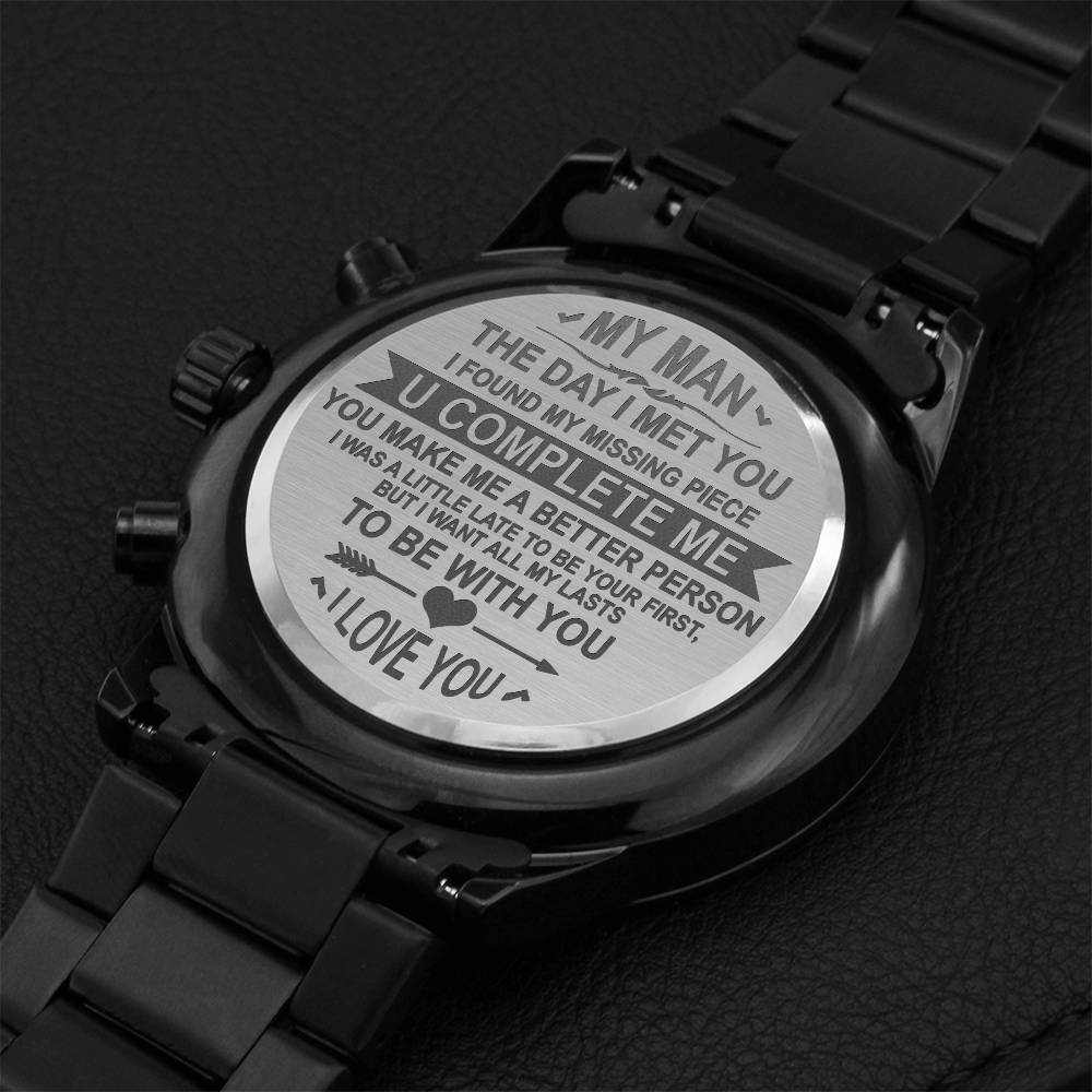 My Man - You Complete Me - Engraved Design Black Chronograph Watch Engraving Chronograph Watch