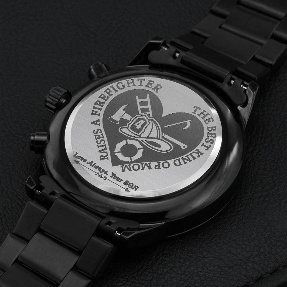 To My Best Firefighter Mom Engraved Design Black Chronograph Watch Engraving Chronograph Watch