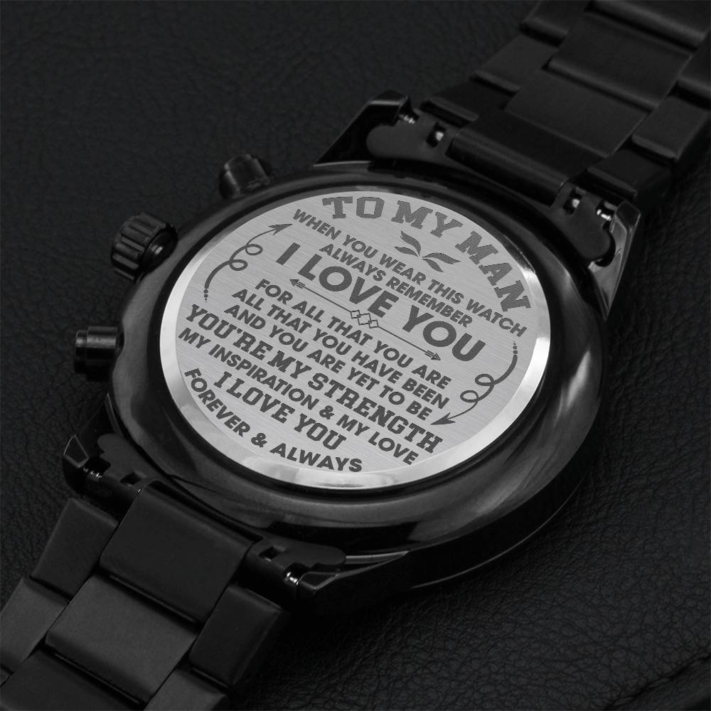 Mm001 - Engraved Design Black Chronograph Watch Gift For Your Man Engraving Chronograph Watch