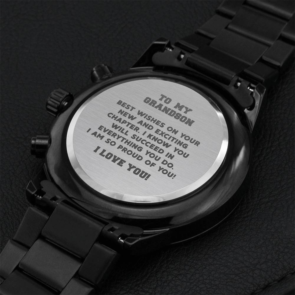 Grandson Graduation Custom Gift Fathers Day Gift For Grandson From Grandmother Black Chronograph Engraved Watch For Men New Job Gift Engraving Chronograph Watch