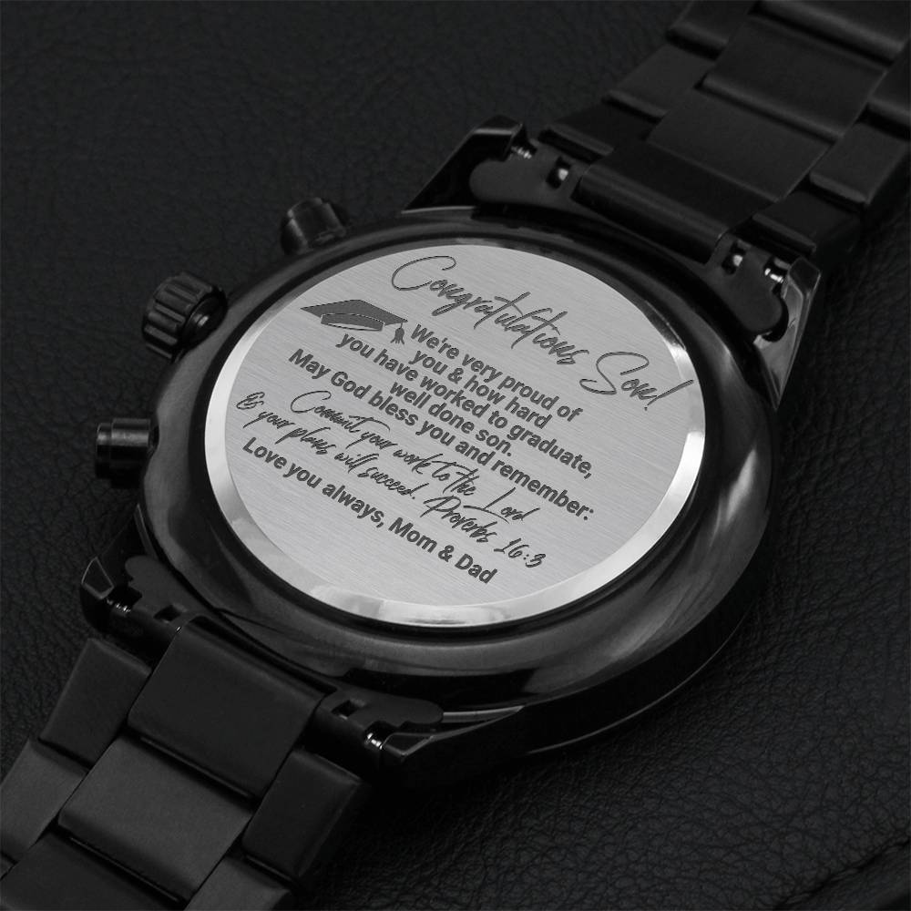 Graduation Gift For Son From Mom And Dad - Bible Verse Proverbs 163 Black Watch Engraving Chronograph Watch