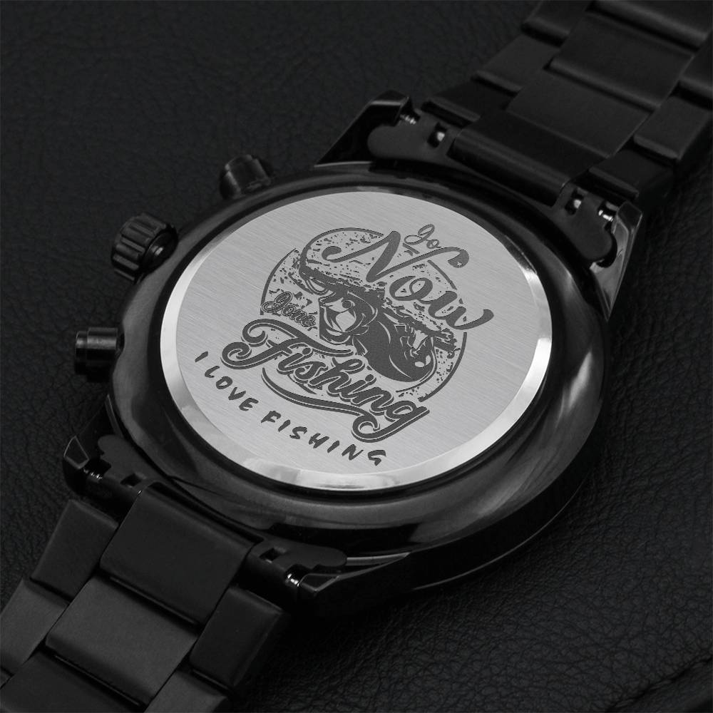 Go Now Gone Fishing Engraved Design Black Chronograph Watch Engraving Chronograph Watch