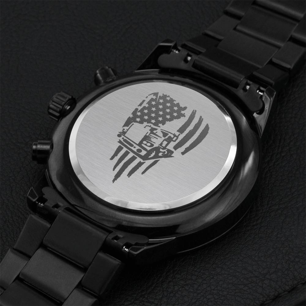 Engraved Trucker Flag Design Black Chronograph Watch Engraving Chronograph Watch