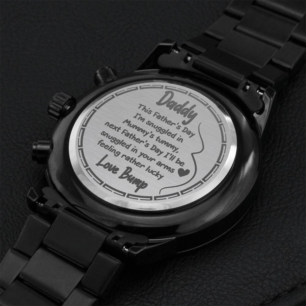 Father's Day Watch For New Dad Partner From Bump Unborn Baby From Mom Mum Mummy Hand Drawn Happy Daddy Papa Engraving Chronograph Watch