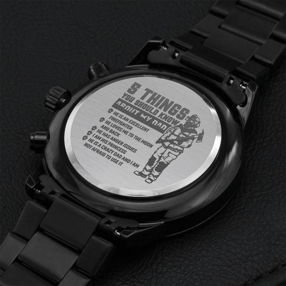 Engraved Design Black Chronograph Watch For Firefighter Dad Engraving Chronograph Watch