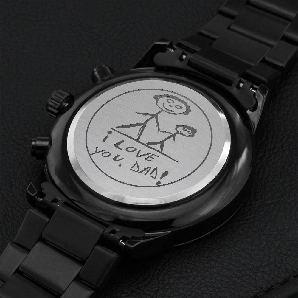 Kids Drawing Art Engraved Watch Fathers Day Gift For Him Gift For Dad Customize Watch Mens Watch Bonus Dad Gift Engraving Chronograph Watch
