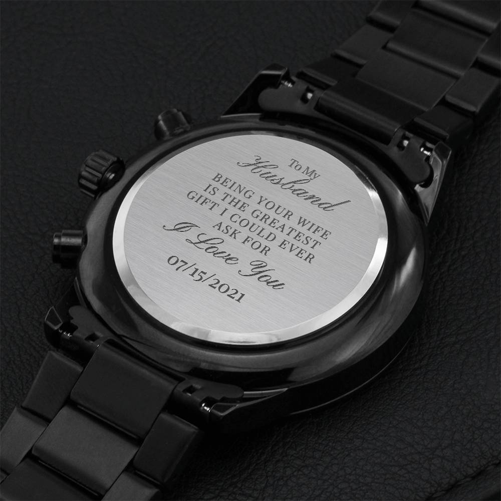 Men's Wristwatch Gift Black Analog Wristwatch Engraved With Wedding Date For Husband Or Fiance Engraving Chronograph Watch