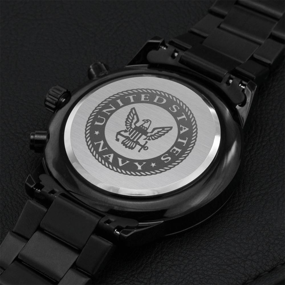 U.s. Navy Engraved Design Black Chronograph Watch Engraving Chronograph Watch