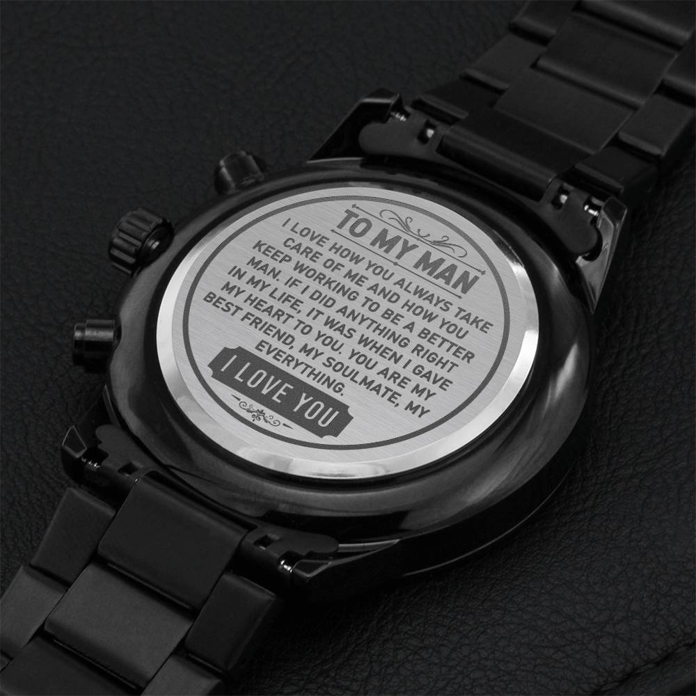 To My Man - Engraved Design Black Chronograph Watch Engraving Chronograph Watch