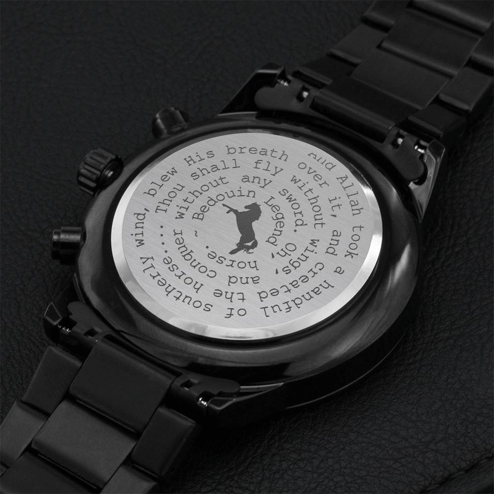 Arabian Horse Lovers Black Stallion Bedouin Legend Engraved Men's Chronograph Watch Ladies Love This Watch Also Engraving Chronograph Watch