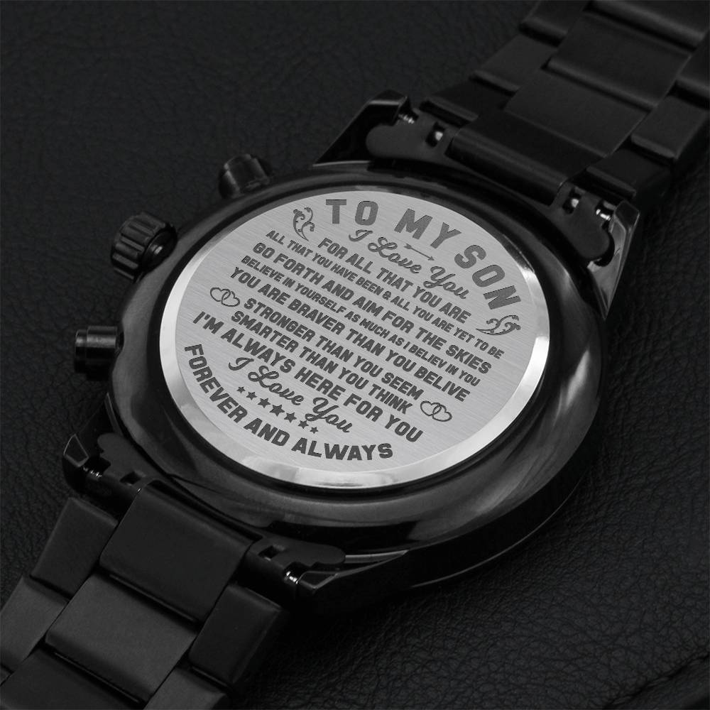 To My Son - Aim For The Skies Engraved Stainless Steel Watch Right Gifts Custom Birthday Graduation Gift For My Son From Mom Mother Dad Father Engraving Chronograph Watch