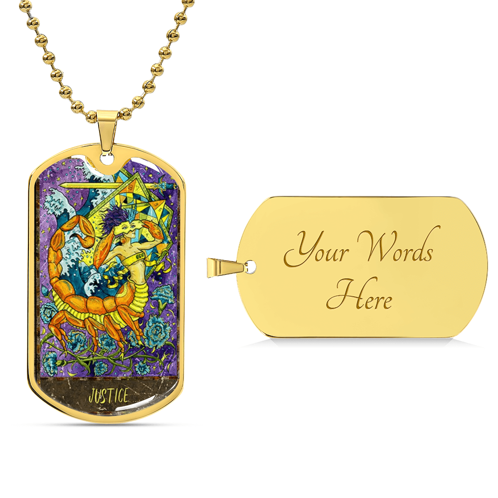 Tarot Card Necklace. Silver Or Gold. For Wiccans, Astrology, Zodiac, Spiritual, Best Friend. Boho. Justice Card - Army Tag Necklace, Dog Tag Necklace