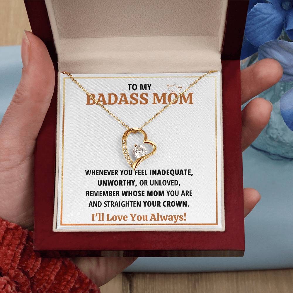To My Badass Mom Crown Heart Necklace Gift Set Forever Love Necklace