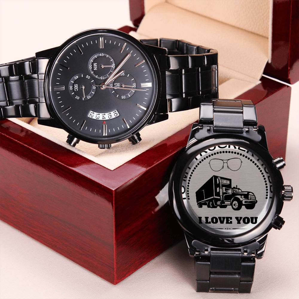 To My Trucker Hubby - Engraved Design Black Chronograph Watch Engraving Chronograph Watch
