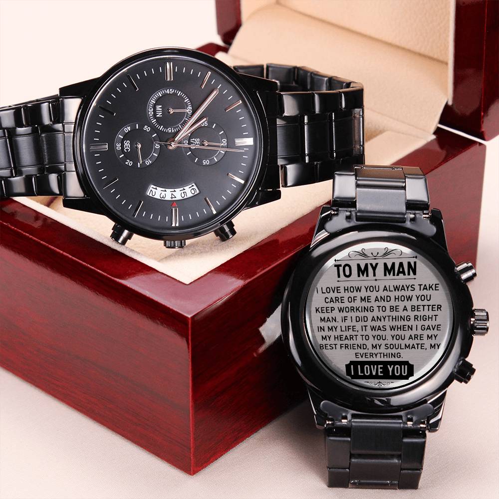 To My Man - Engraved Design Black Chronograph Watch Engraving Chronograph Watch