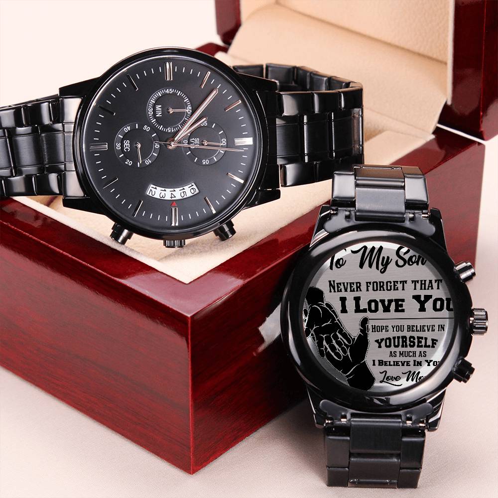 To My Son Never Forget That I Love You Engraved Customized Black Chronograph Watch Mom Gift For Son Engraving Chronograph Watch