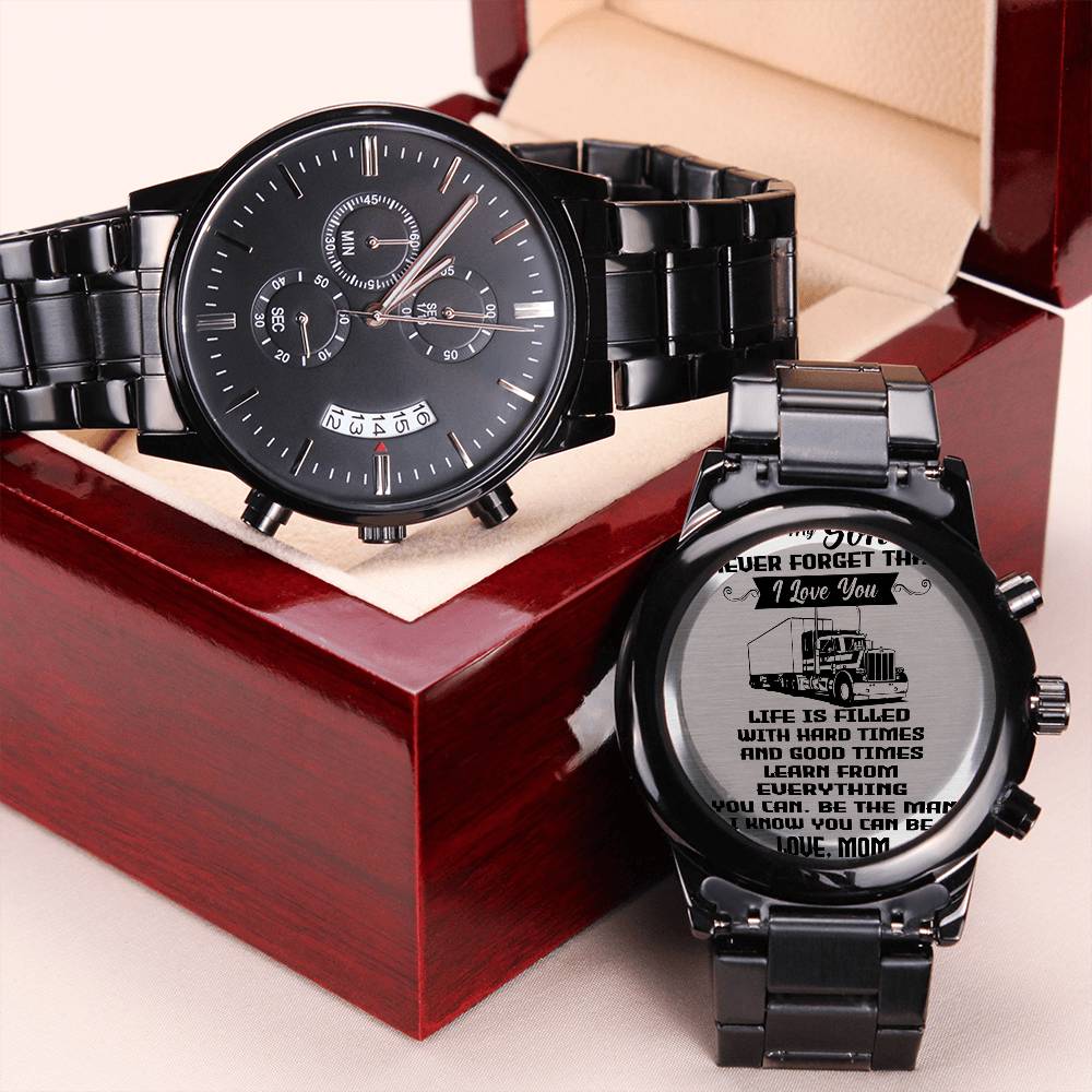 Never Forget I Love You Engraved Customized Black Chronograph Watch Mom Gift For Son Engraving Chronograph Watch