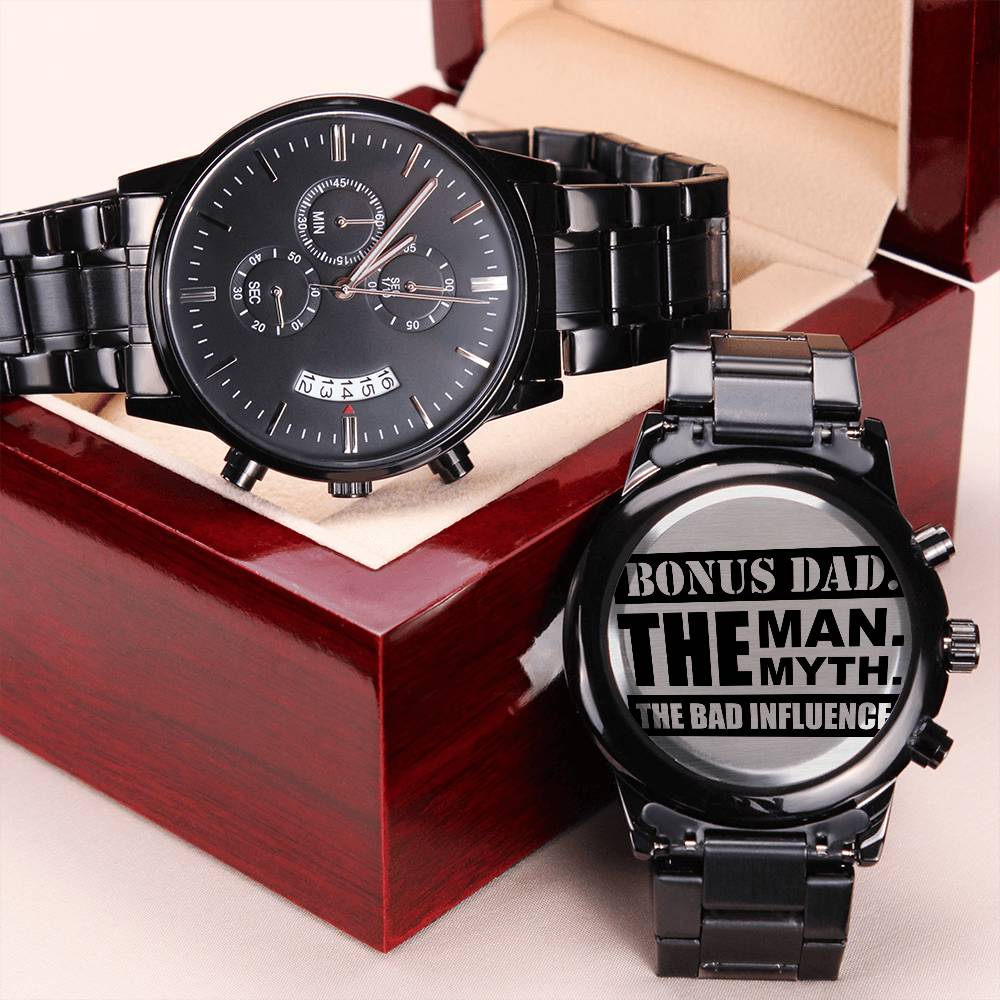 Bonus Dad The Man The Myth The Bad Influence Engraved Design Black Chronograph Watch Engraving Chronograph Watch