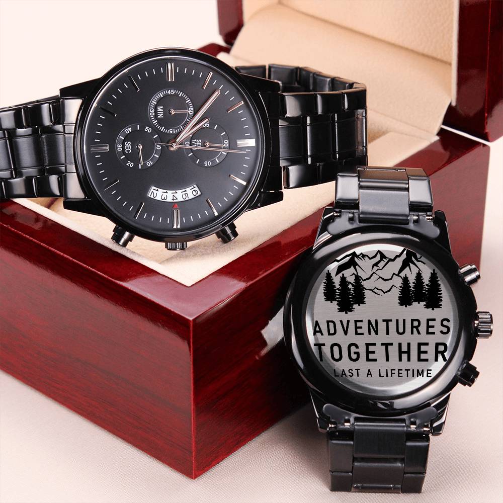Adventures Together Last A Lifetime Outdoorsman Engraved Design Black Chronograph Watch Engraving Chronograph Watch