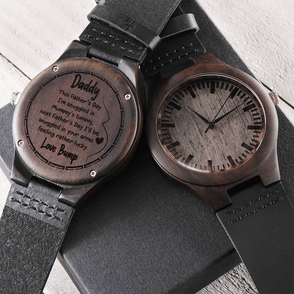 Father's Day Watch For New Dad - Partner From Bump - Unborn Baby From Mom Mum Mummy Hand Drawn Happy Daddy Papa First Engraved Wooden Watch
