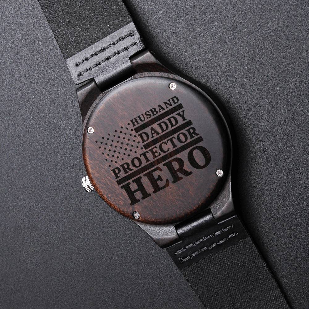 Husband Daddy Protector Hero Husband - Daddy - Protector - Hero - Black Wooden Watch Police Husband Gift New Daddy Pol Engraved Wooden Watch