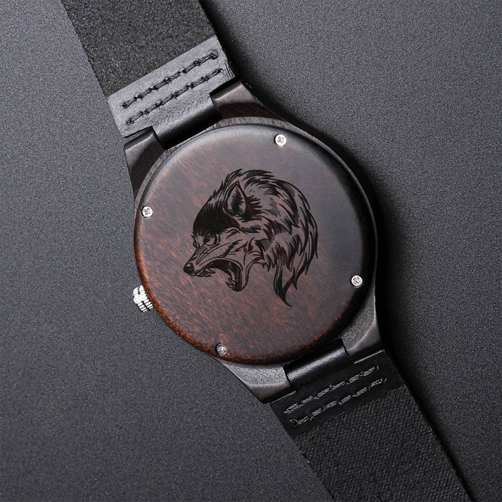 Gray Wolf Howling Engraved Wooden Watch