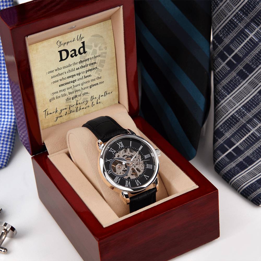 Step Dad Fathers Day Gift From Stepson Stepdaughter Luxury Watch W Genuine Leather Strap Gift For Bonus Dad Step Father Wedding Gift Openwork Watch