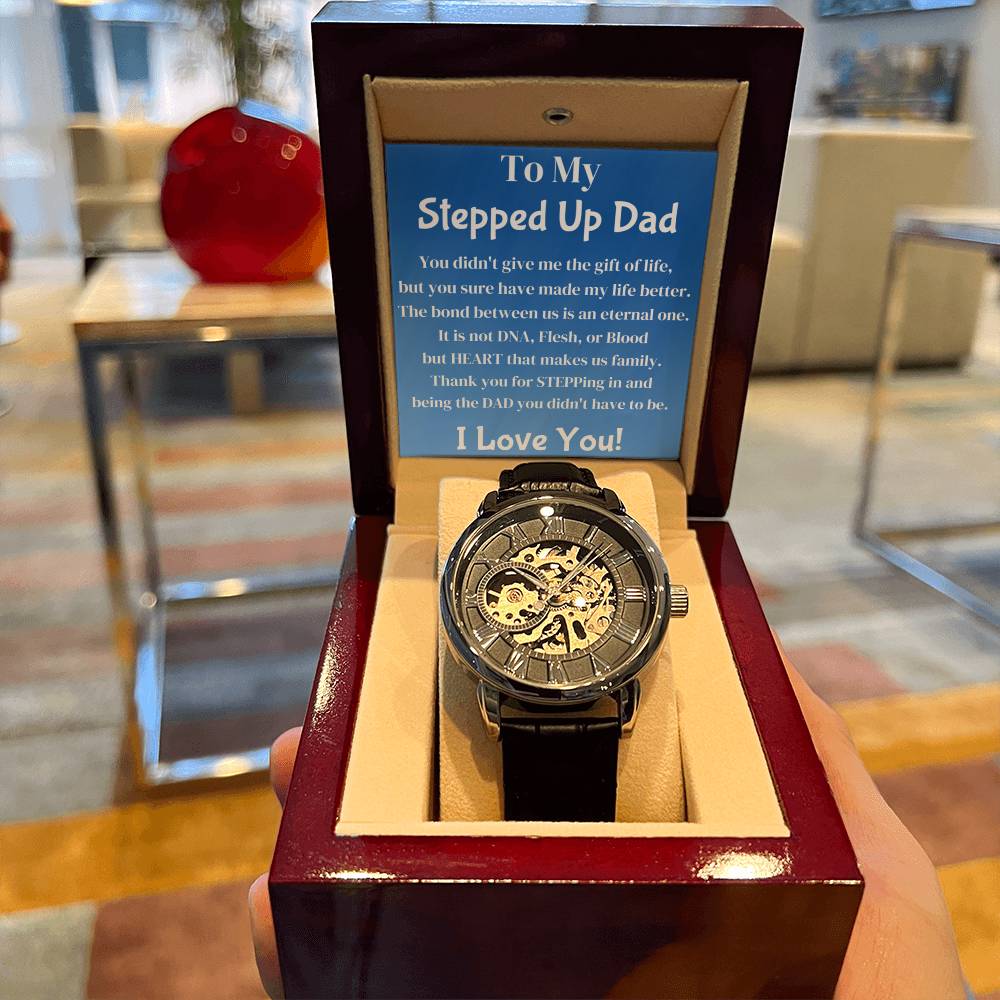 Men Skeleton Leather Band Automatic Movement Stepped Up Bonus Dad Gift Openwork Watch