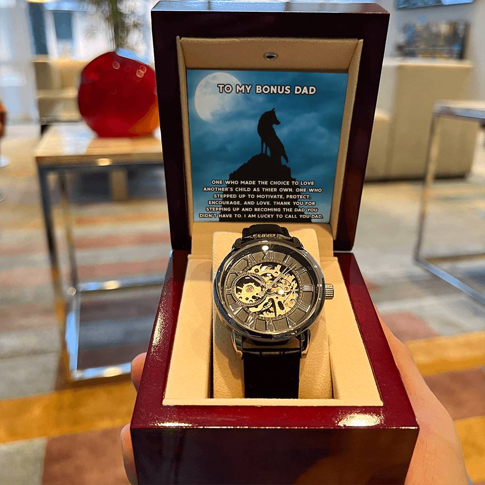 Step Dad Gift From Step Daughter Openwork Automatic Leather Strap Mens Watch Gift For Men To My Bonus Dad Stepped Up Dad Gift(1) Openwork Watch