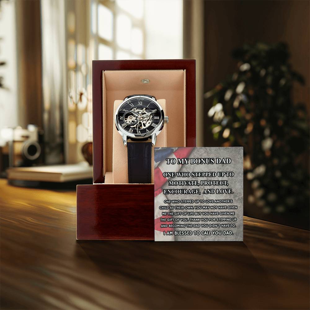 Step Dad Gift From Step Daughter Openwork Automatic Leather Strap Mens Watch Gift For Men To My Bonus Dad Stepped Up Dad Gift(5) Openwork Watch
