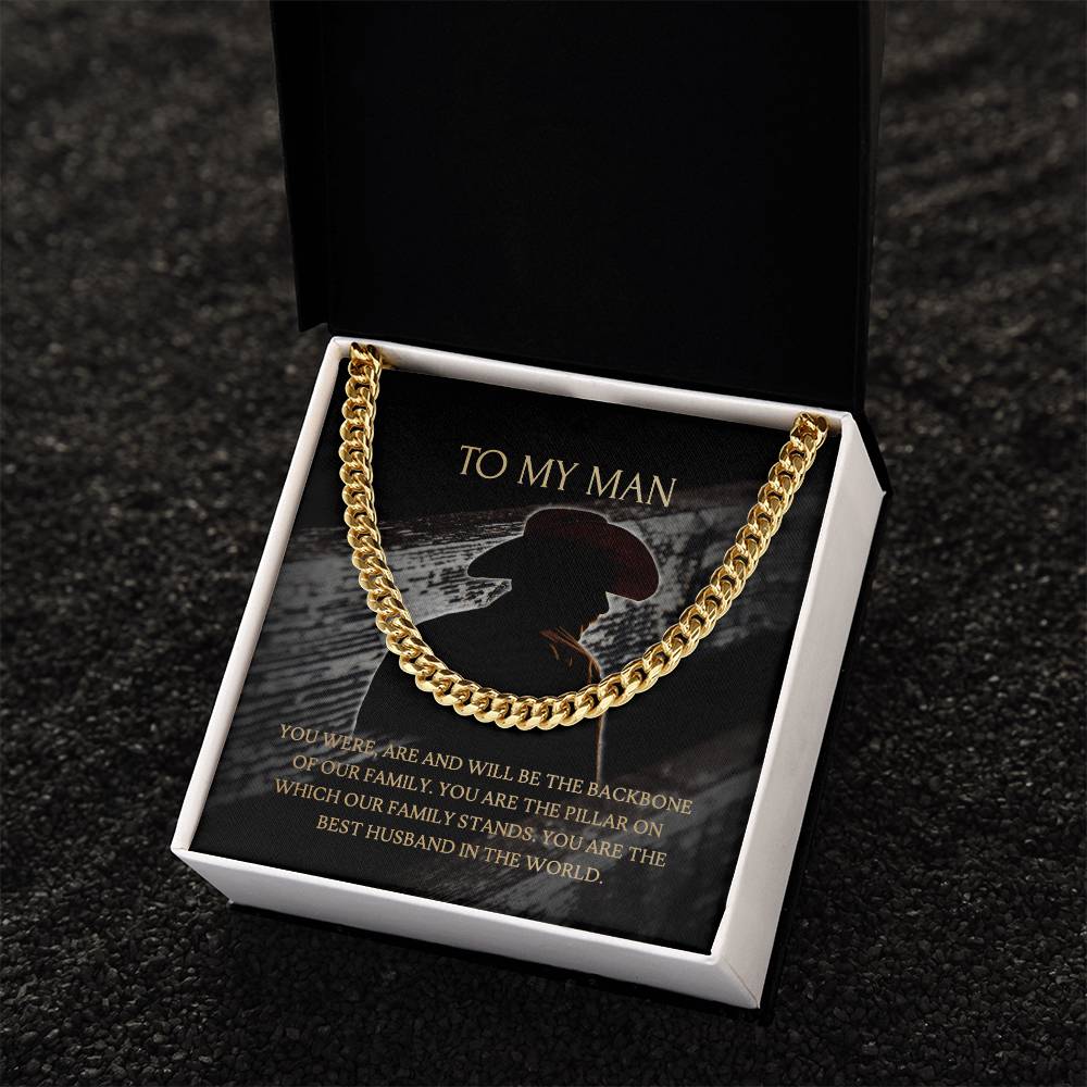 To My Man - Our Family Backbone - Necklace+Message Card In A Luxury Mahogany Box+Led Cuban Link Chain