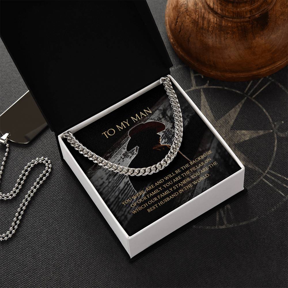 To My Man - Our Family Backbone - Necklace+Message Card In A Luxury Mahogany Box+Led Cuban Link Chain
