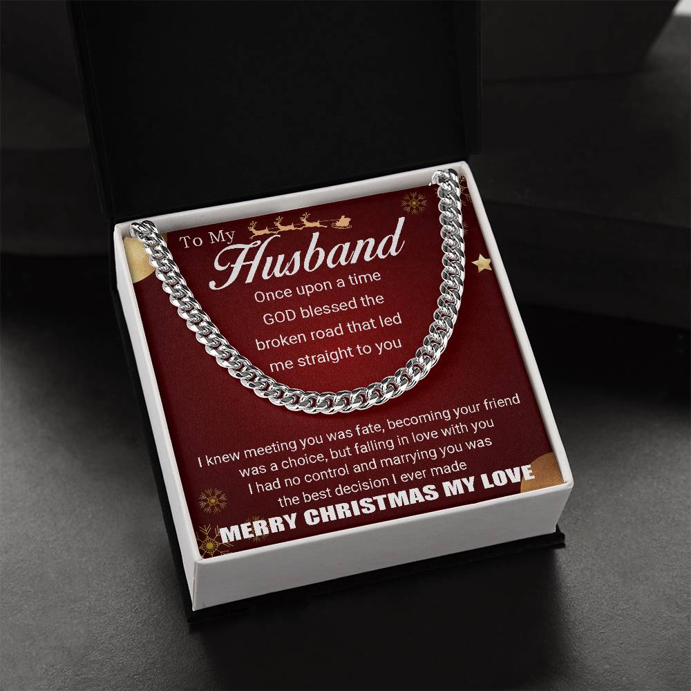 To My Husband - Merry Christmas - Chain Necklace + Mahogany Luxury Gift Box Cuban Link Chain