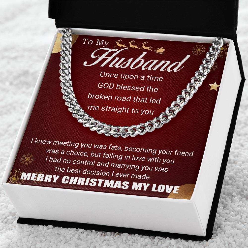 To My Husband - Merry Christmas - Chain Necklace + Mahogany Luxury Gift Box Cuban Link Chain