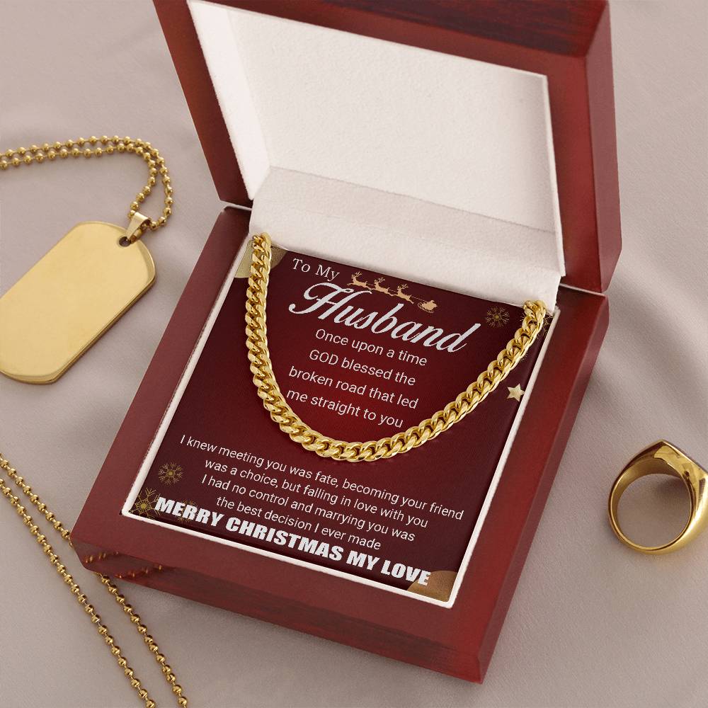To My Husband - Merry Christmas - Chain Necklace + Mahogany Luxury Gift Box Cuban Link Chain