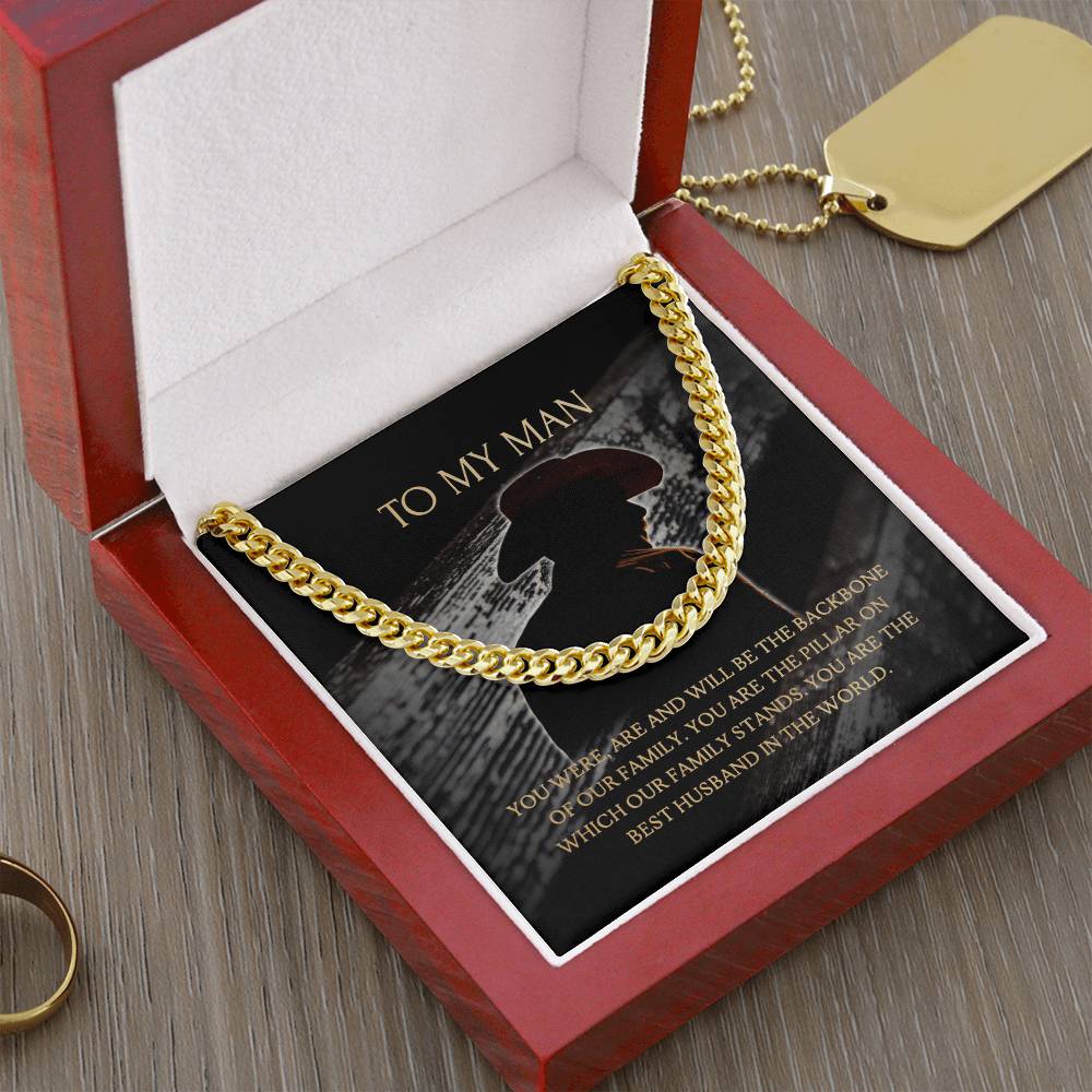 To My Man - Our Family Backbone - Necklace+Message Card In A Luxury Mahogany Box+Led Cuban Link Chain