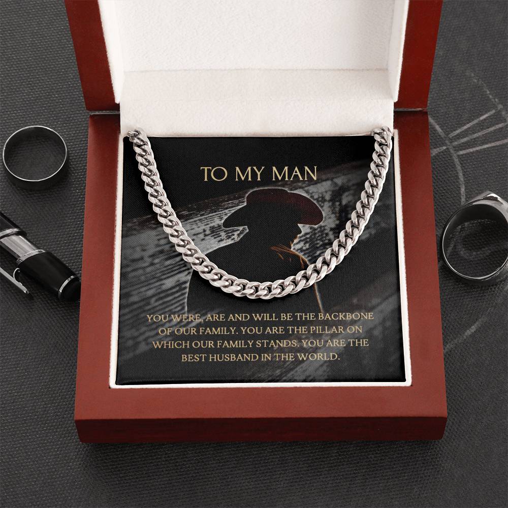 To My Man - Our Family Backbone - Necklace+Message Card In A Luxury Mahogany Box+Led Cuban Link Chain
