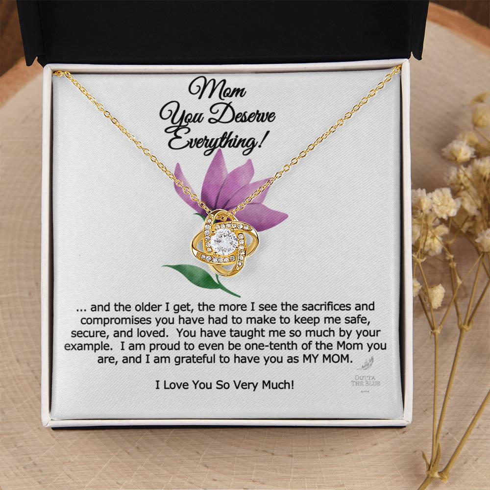 Mom You Deserve Everything Card And Love Knot Symbol 14K Over Stainless Steel Cz Necklace Mother's Day Birthday Anytime Gift From Daughter Love Knot Necklace