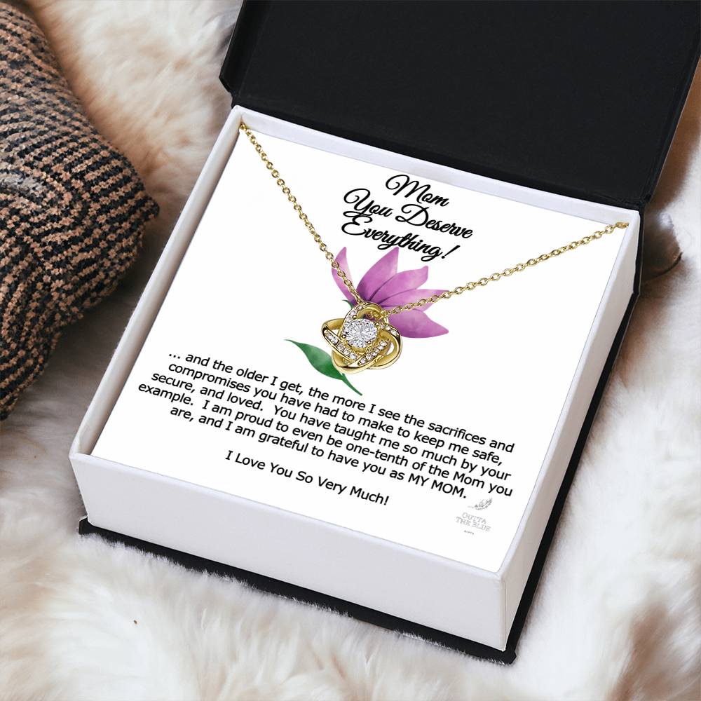 Mom You Deserve Everything Card And Love Knot Symbol 14K Over Stainless Steel Cz Necklace Mother's Day Birthday Anytime Gift From Daughter Love Knot Necklace