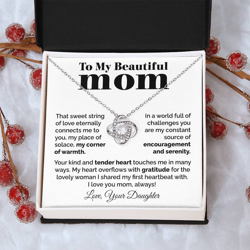 To My Beautiful Mom - Heart Melt Message Love Knot Necklace Love Knot Necklace