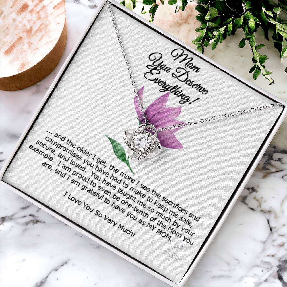 Mom You Deserve Everything Card And Love Knot Symbol 14K Over Stainless Steel Cz Necklace Mother's Day Birthday Anytime Gift From Daughter Love Knot Necklace