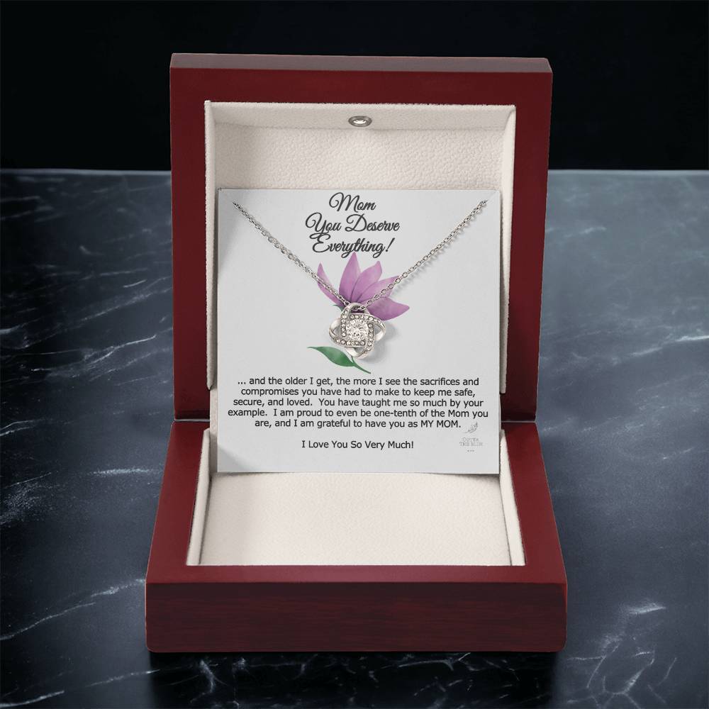 Mom You Deserve Everything Card And Love Knot Symbol 14K Over Stainless Steel Cz Necklace Mother's Day Birthday Anytime Gift From Daughter Love Knot Necklace