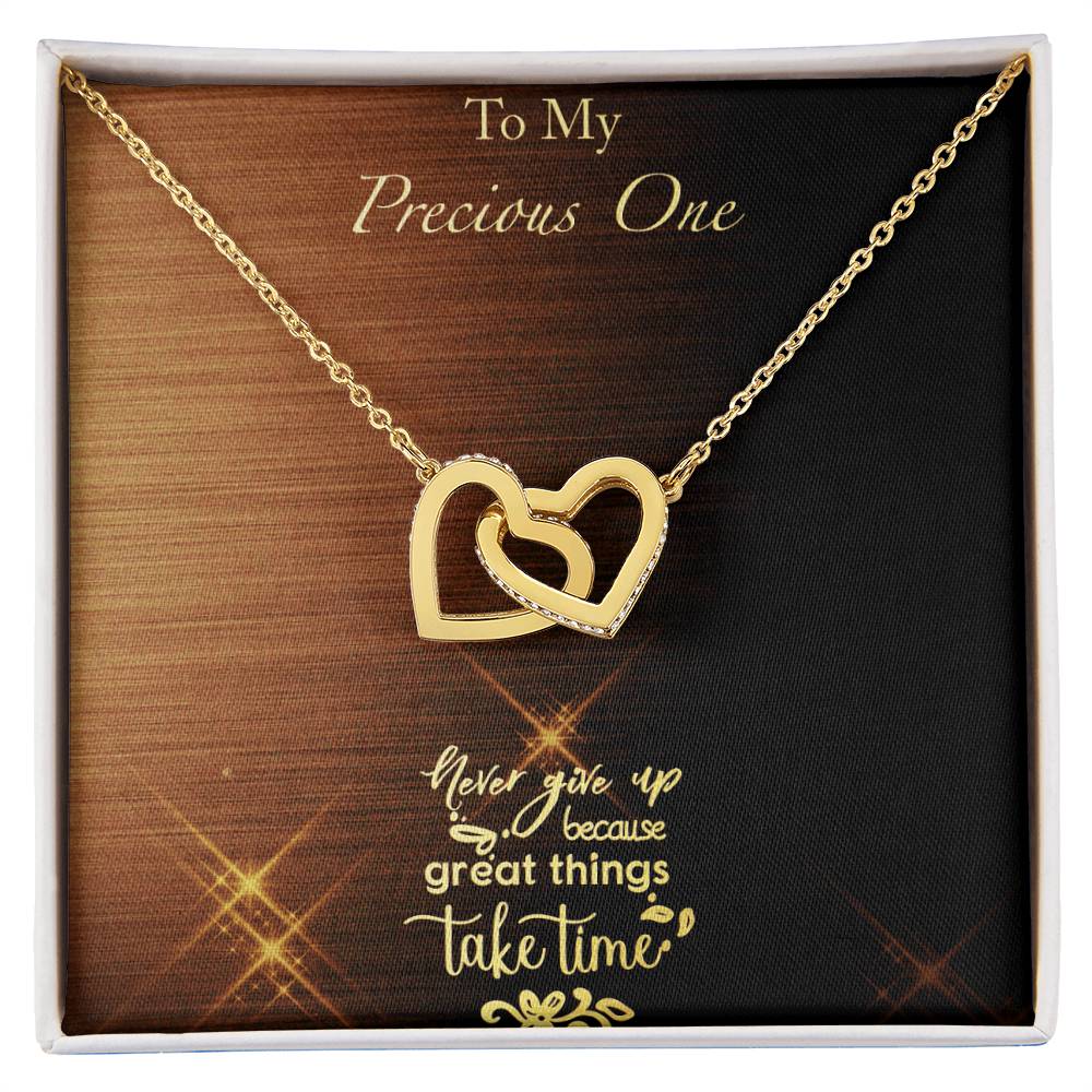 Great Things Take Time - Brushed Background Interlocking Hearts Necklace