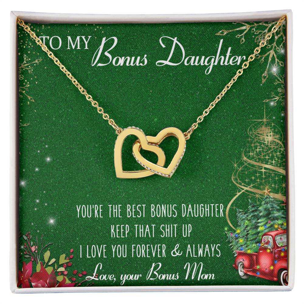 To My Bonus Daughter Interlocking Hearts Necklace Message Card