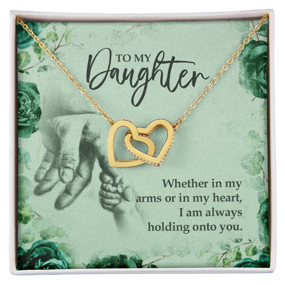 To My Daughter Holding Onto You. Artisan Zirconia Necklace Interlocking Hearts Necklace
