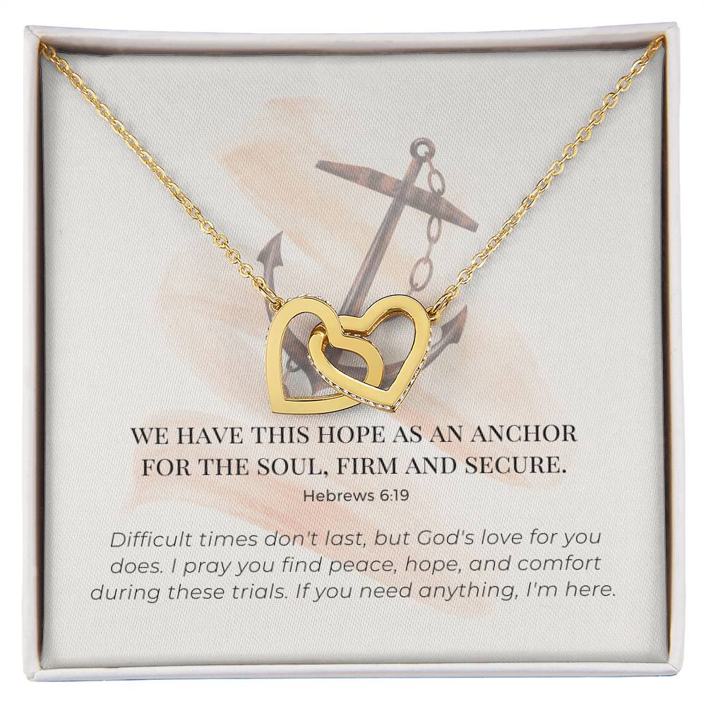 Scripture Encouragement Interlocking Hearts Necklace Hebrews 619 Cream Brush