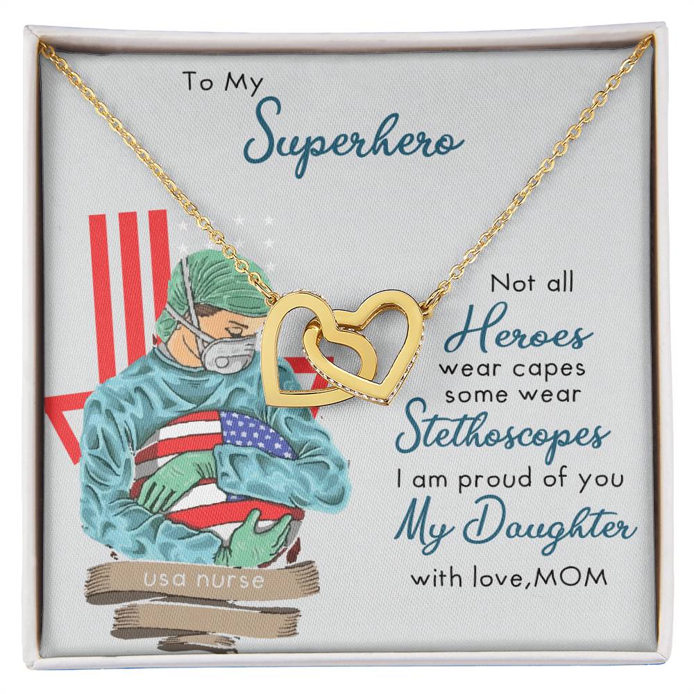 My Superhero Nurse Daughter Interlocking Hearts Necklace