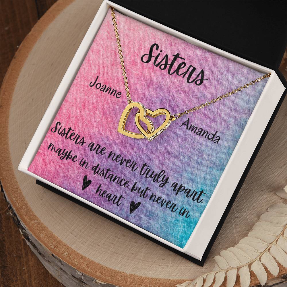 Sisters - Interlocking Necklace - Rainbow Background - Personalized Interlocking Hearts Necklace